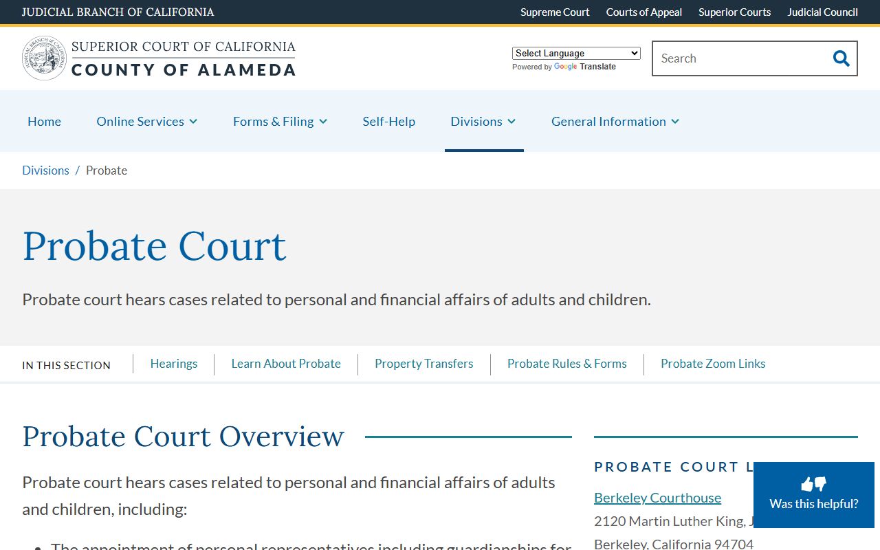 Alameda County probate court records search portal