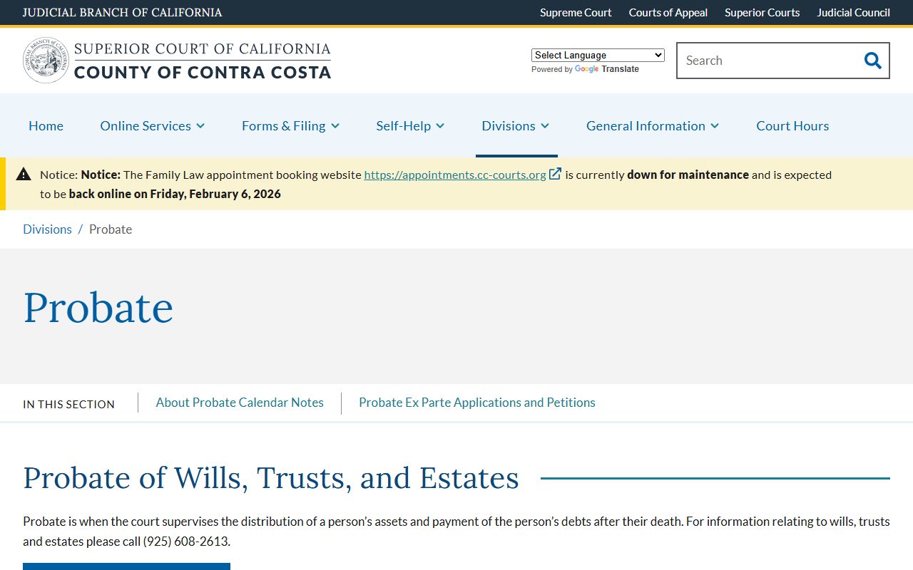 Contra Costa County probate court division website