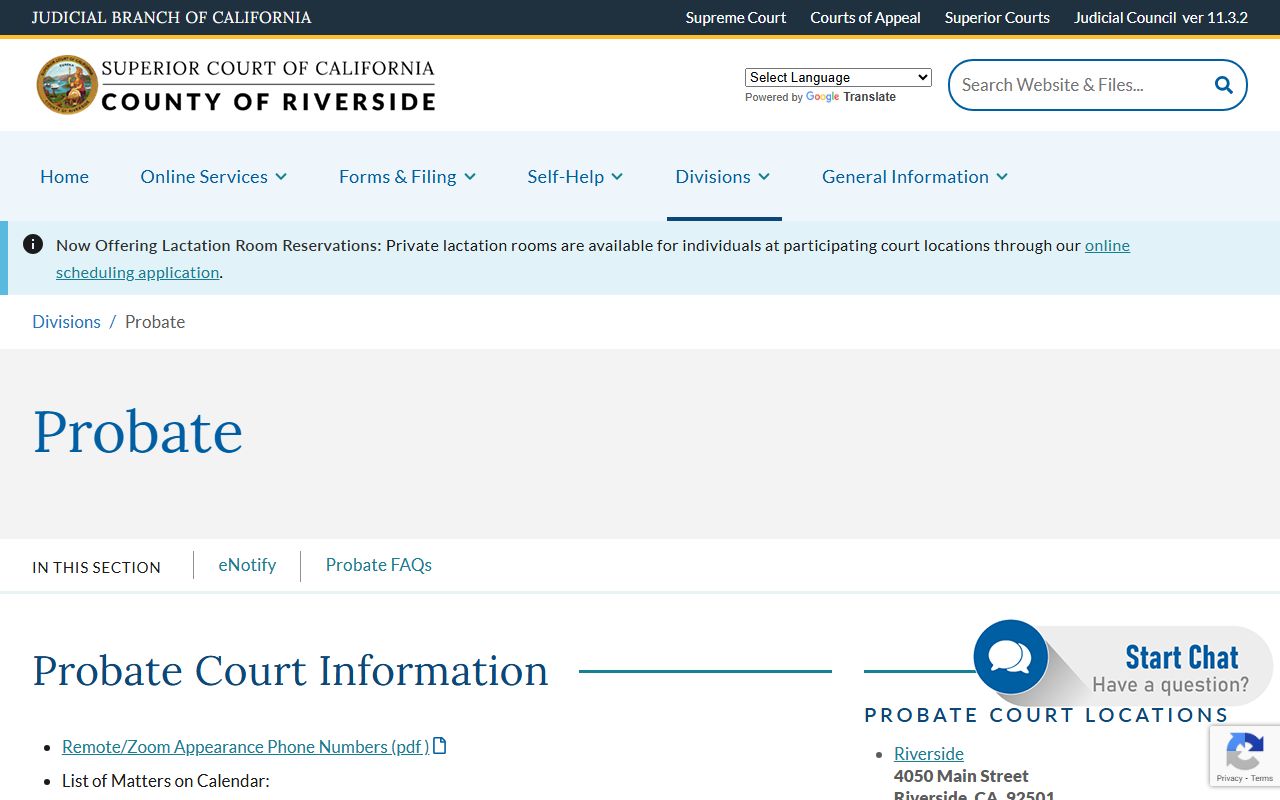 Riverside County probate court division website