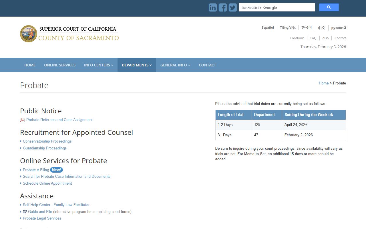 Sacramento County probate court website