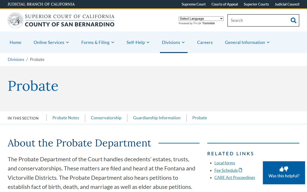 San Bernardino County probate court division website