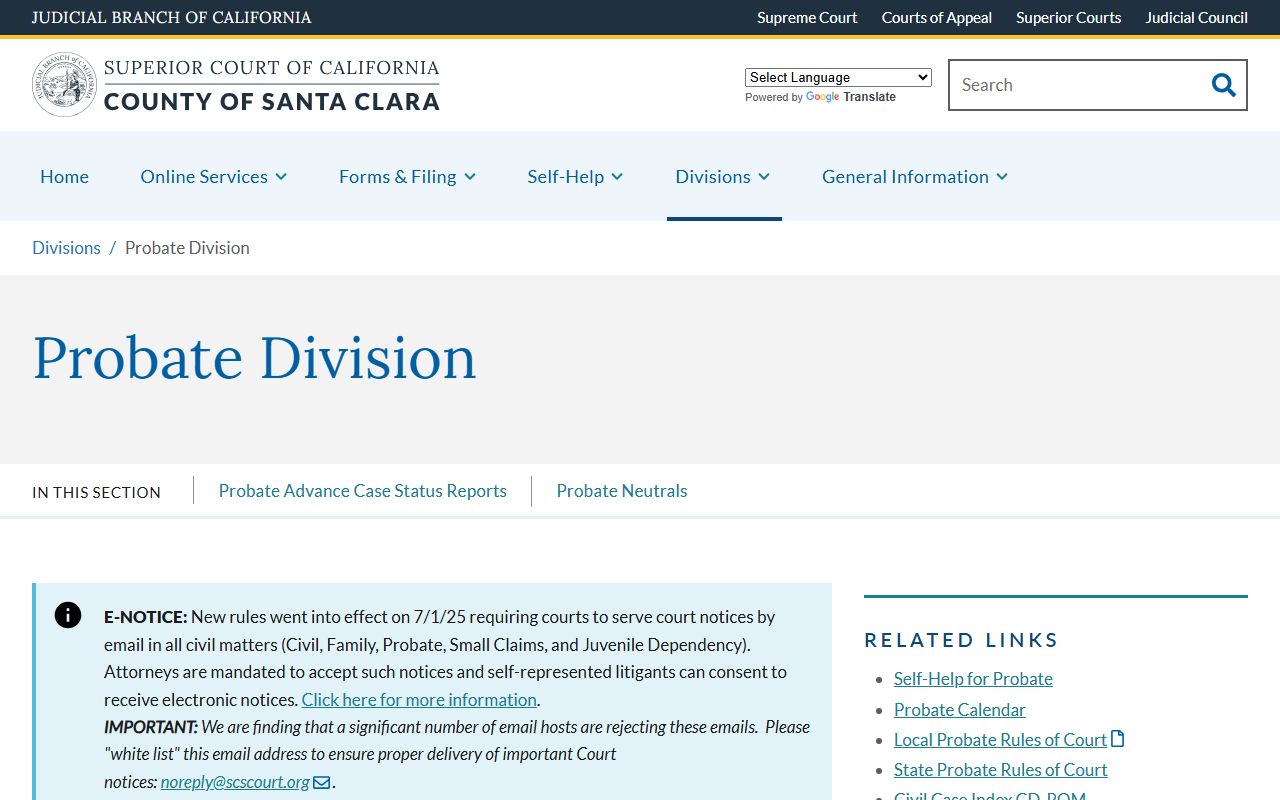 Santa Clara County probate court records division website