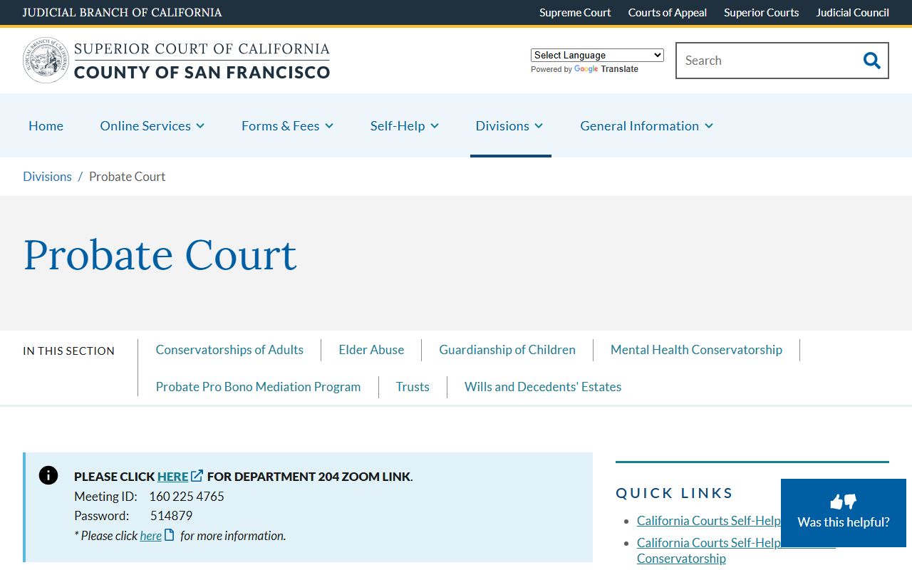San Francisco County probate court website